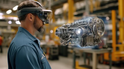 Poster - factory where a male engineer utilizes augmented reality technology to explore a holographic engine model.