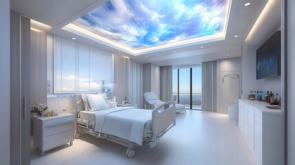 Poster - hospital suite designed like a luxury penthouse, featuring a walk-in closet, personalized minibar, a dedicated wellness assistant, and custom ceiling art.