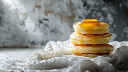 Aufkleber - Delicious stack of fluffy pancakes drizzled with syrup on a rustic backdrop. Generative AI
