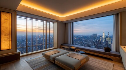 Poster - recovery suite with panoramic skyline views, a personal luxury bathrobe collection, and an in-room meditation instructor.