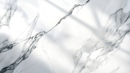 Poster - polished white marble tabletop with dramatic dark veins, reflecting ambient light, casting soft abstract shadows on a neutral white background.