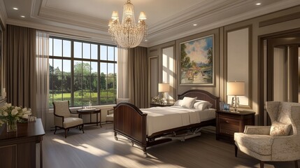 Wall Mural - hospital suite featuring an elegant chandelier, a premium adjustable bed, private lounge area, personalized nursing care, and exquisite artwork