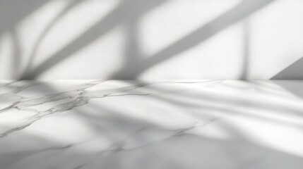 Poster - pure white marble tabletop with subtle veins, catching soft sunlight, casting dreamy abstract shadows on a pristine white wall for premium product mockups.