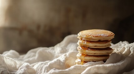 Poster - Stack of fluffy pancakes served with syrup on a textured cloth background in a cozy kitchen setting. Generative AI