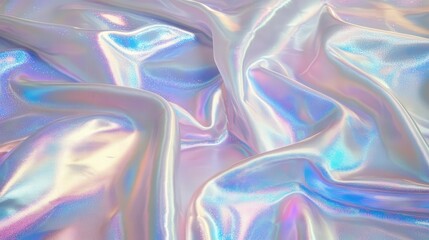 Poster - reflective holographic foil with an abstract interplay of neon blues, pinks, and purples, flowing in a liquid-like pattern.