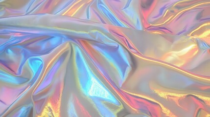 Poster - reflective holographic foil with an abstract interplay of neon blues, pinks, and purples, flowing in a liquid-like pattern.