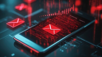 Poster - mobile phone with a hacked email warning, red text message phishing alert, and scam malware notification spreading throughout the screen