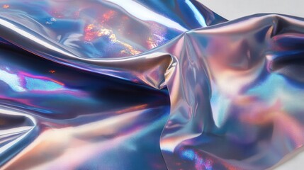 Poster - reflective holographic foil with an abstract interplay of neon blues, pinks, and purples, flowing in a liquid-like pattern.