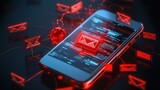 phone with a red warning alert showing SMS phishing scams and a virus spreading from the hacked email