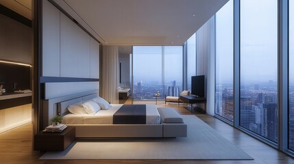 Poster - hospital room with floor-to-ceiling glass walls, automated privacy screens, a customizable headboard, and an in-room wellness coach