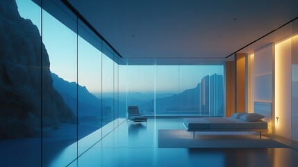 Poster - hospital room with floor-to-ceiling glass walls, automated privacy screens, a customizable headboard, and an in-room wellness coach