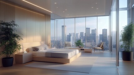 Poster - hospital room with floor-to-ceiling glass walls, automated privacy screens, a customizable headboard, and an in-room wellness coach