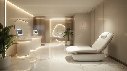 Poster - hospital suite with a sleek marble interior, voice-controlled devices, and a private relaxation area