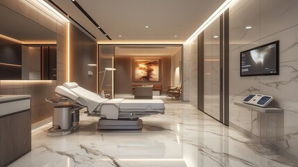Poster - hospital suite with a sleek marble interior, voice-controlled devices, and a private relaxation area