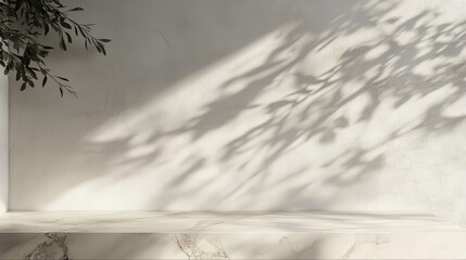Aufkleber - marble tabletop with delicate silver veins, bathed in warm light, forming organic abstract shadows on a pristine white wall.