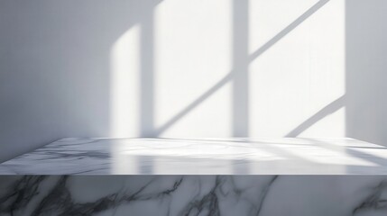 Poster - marble tabletop with subtle gray veining, bathed in soft natural light, casting abstract shadows on a pristine white wall--ideal for elegant product displays.