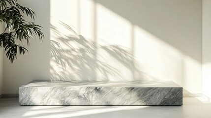Poster - marble tabletop with subtle gray veining, bathed in soft natural light, casting abstract shadows on a pristine white wall--ideal for elegant product displays.