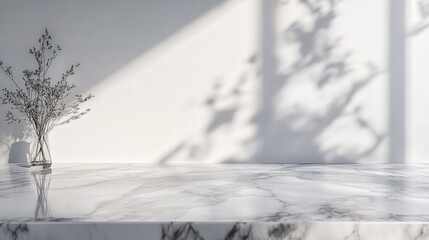 Poster - marble tabletop with subtle gray veining, bathed in soft natural light, casting abstract shadows on a pristine white wall--ideal for elegant product displays.