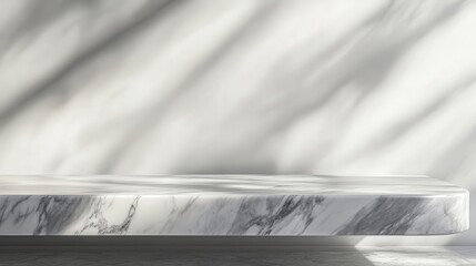 Poster - marble tabletop with subtle gray veining, bathed in soft natural light, casting abstract shadows on a pristine white wall--ideal for elegant product displays.