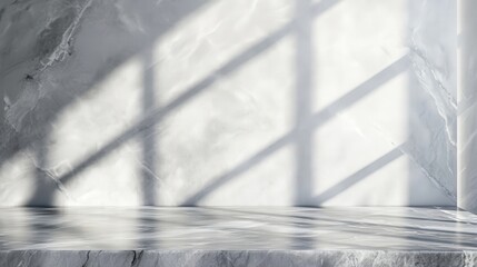 Poster - marble tabletop with subtle gray veining, bathed in soft natural light, casting abstract shadows on a pristine white wall--ideal for elegant product displays.