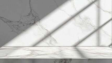 Poster - marble tabletop with subtle gray veining, bathed in soft natural light, casting abstract shadows on a pristine white wall--ideal for elegant product displays.