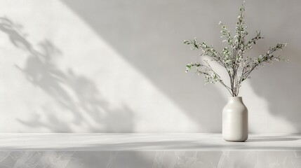 Poster - smooth gray marble tabletop with a soft matte finish, enhanced by delicate shadow overlays on a neutral white wall,