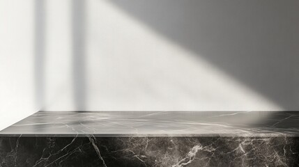 Poster - smooth gray marble tabletop with a soft matte finish, enhanced by delicate shadow overlays on a neutral white wall,