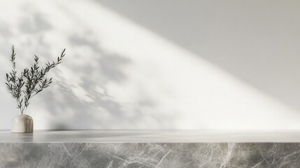 Poster - smooth gray marble tabletop with a soft matte finish, enhanced by delicate shadow overlays on a neutral white wall, creating depth for product displays.