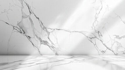 Poster - marble surface with dramatic veining, under natural light casting intricate shadows onto a white wall, perfect for product mockups.