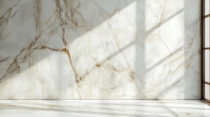 Poster - marble surface with dramatic veining, under natural light casting intricate shadows onto a white wall, perfect for product mockups.