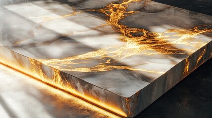Poster - marble tabletop with elegant golden streaks, softly lit by ambient light, casting dramatic abstract shadows.