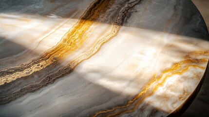 Poster - marble tabletop with elegant golden streaks, softly lit by ambient light, casting dramatic abstract shadows.