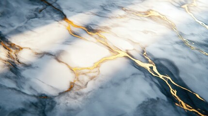 Poster - marble tabletop with elegant golden streaks, softly lit by ambient light, casting dramatic abstract shadows.