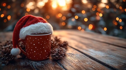 Poster - Christmas Saint Nicholas Day Holiday Celebration Greeting Card: Cup with Santa Claus Hat on Wooden Table with Bokeh Lights