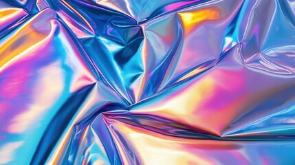 Aufkleber - holographic texture resembling liquid chrome, reflecting vivid neon colors that shift under soft ambient light.