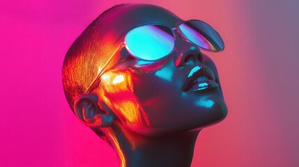 Poster - holographic foil surface with fluid metallic reflections, bending neon light into mesmerizing, flowing gradients.