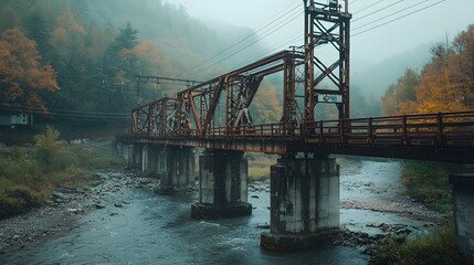 Poster - aerial view of a massive water pipeline bridge extending across a scenic river ensuring the continuo