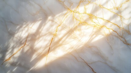 Poster - marble tabletop with fine golden veins, illuminated from above to create unique abstract shadow patterns on the white wall.
