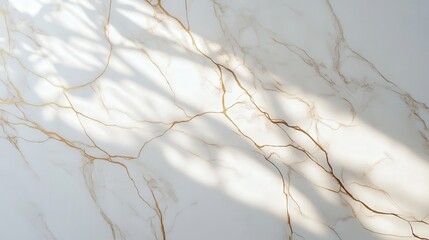 Poster - marble tabletop with fine golden veins, illuminated from above to create unique abstract shadow patterns on the white wall.