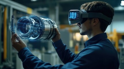 Poster - factory where a male engineer uses an AR headset to visualize and interact with a holographic engine model.