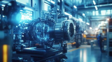 Poster - factory where an engineer uses an AR headset to visualize a holographic engine model, offering insights into advanced digital