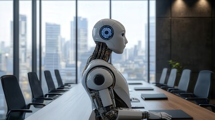 Poster - business office with AI-enhanced data analysis tools and automated task management, while a chatbot assists in solving problems,