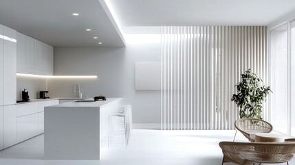Poster - contemporary kitchen interior with glossy white counters paired with a folding screen near a pristine white wall.
