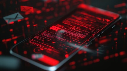 Poster - digital design where a phone shows SMS phishing spam and red warning alerts for malware spreading and system hacks.