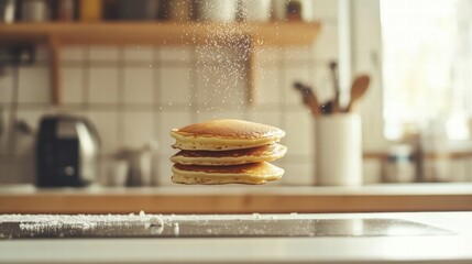 Aufkleber - Pancakes being prepared in a cozy kitchen with flour dusting the air and a soft ambiance. Generative AI