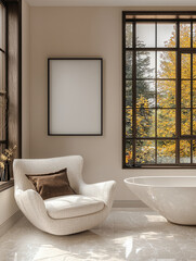 Poster - cozy interior featuring modern chair, bathtub, and large windows showcasing autumn foliage