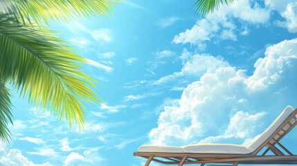Poster - Relaxation spot under sunny skies with palm leaves framing a lounger on a tranquil day. Generative AI