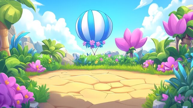 Whimsical pixelated world with balloon vibrant flora and bright sky a scene crafted for immersive gaming experiences and fantasy adventures