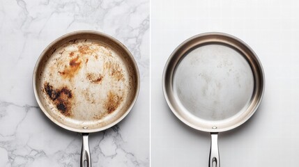 Poster - Before and after cleaning of a stainless steel frying pan on a marble countertop in a well lit kitchen. Generative AI