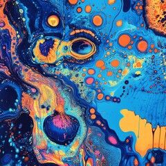 Aufkleber - Abstract Fluid Art: A Vibrant Swirl of Blue, Orange, and Yellow with Intricate Patterns and Bubble-like Structures